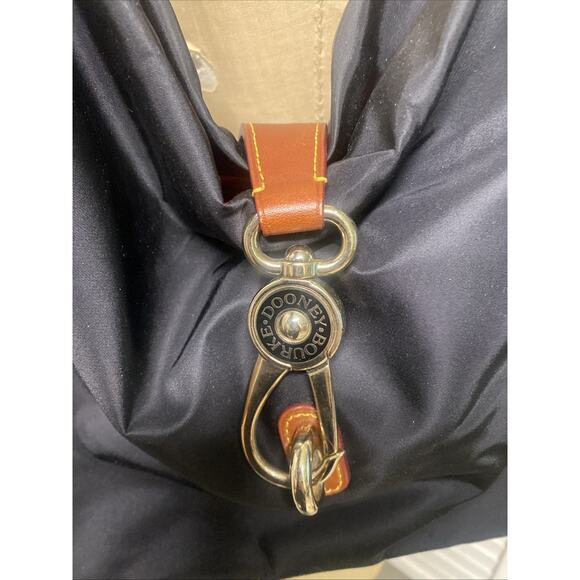 Dooney & Bourke Slouchy Hobo Bag, Logo Lock. Black Nylon, Brown Leather Trim - Picture 2 of 11